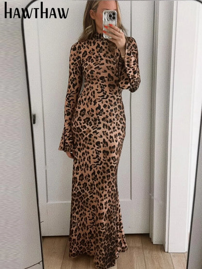Hawthaw Women 2025 Spring Autumn Long Sleeve Leopard Print Party Club Bodycon Long Dress Wholesale Items For Business