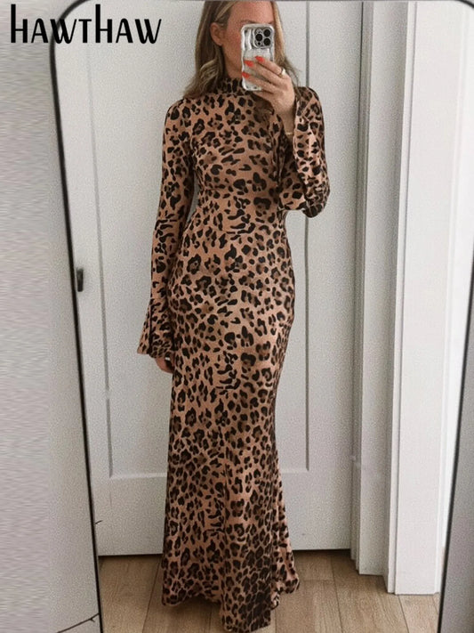 Hawthaw Women 2025 Spring Autumn Long Sleeve Leopard Print Party Club Bodycon Long Dress Wholesale Items For Business