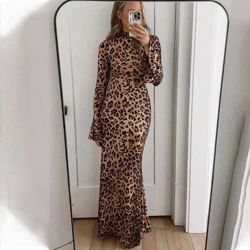 Hawthaw Women 2025 Spring Autumn Long Sleeve Leopard Print Party Club Bodycon Long Dress Wholesale Items For Business