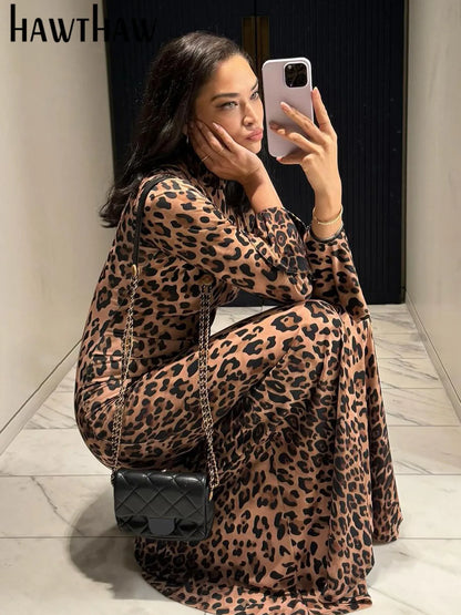 Hawthaw Women 2025 Spring Autumn Long Sleeve Leopard Print Party Club Bodycon Long Dress Wholesale Items For Business