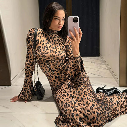 Hawthaw Women 2025 Spring Autumn Long Sleeve Leopard Print Party Club Bodycon Long Dress Wholesale Items For Business