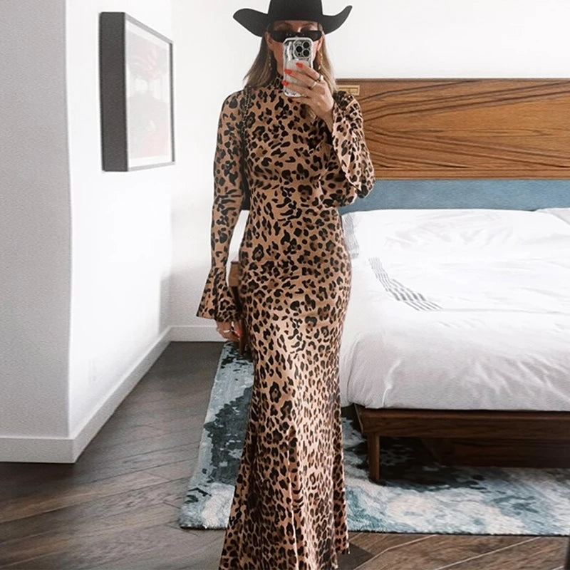 Hawthaw Women 2025 Spring Autumn Long Sleeve Leopard Print Party Club Bodycon Long Dress Wholesale Items For Business