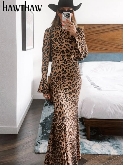 Hawthaw Women 2025 Spring Autumn Long Sleeve Leopard Print Party Club Bodycon Long Dress Wholesale Items For Business